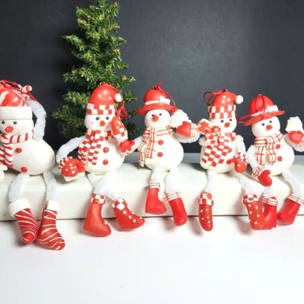 Claydough Snowman Hanging Ornaments Red White Shelf Sitters Bendable Legs Lot 5